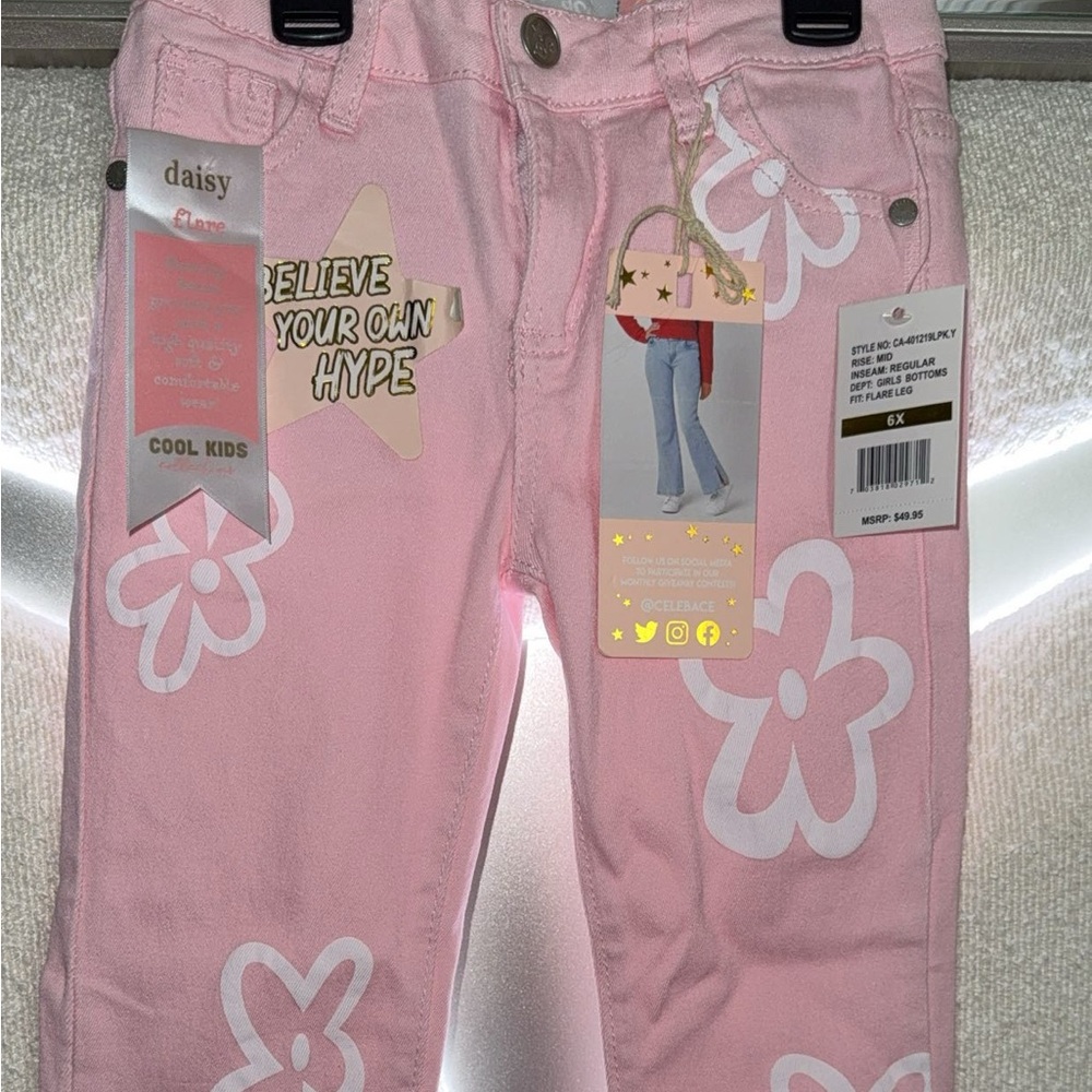 Pastel Pink Floral Jeans with White Accents